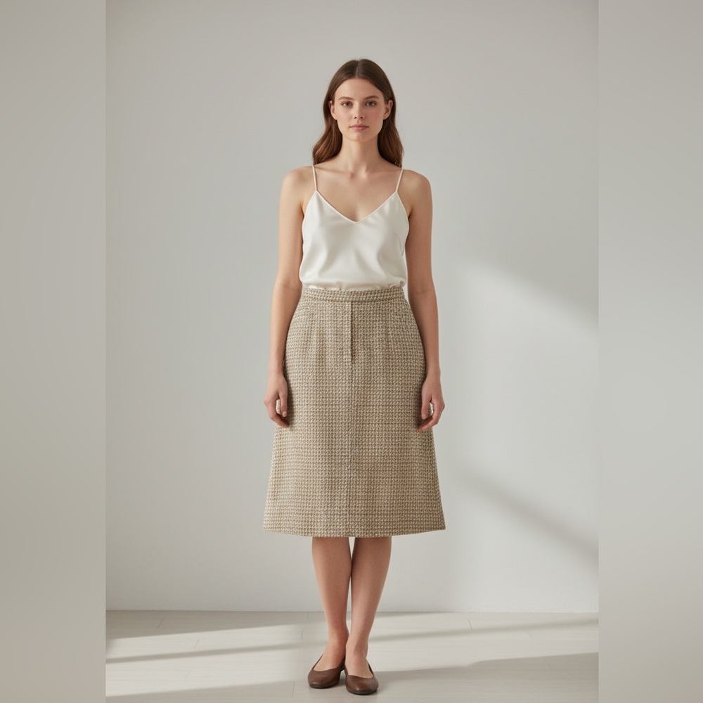 Vintage 70s Crazy Horse 100% wool herringbone Neutral Beige Textured Midi Skirt